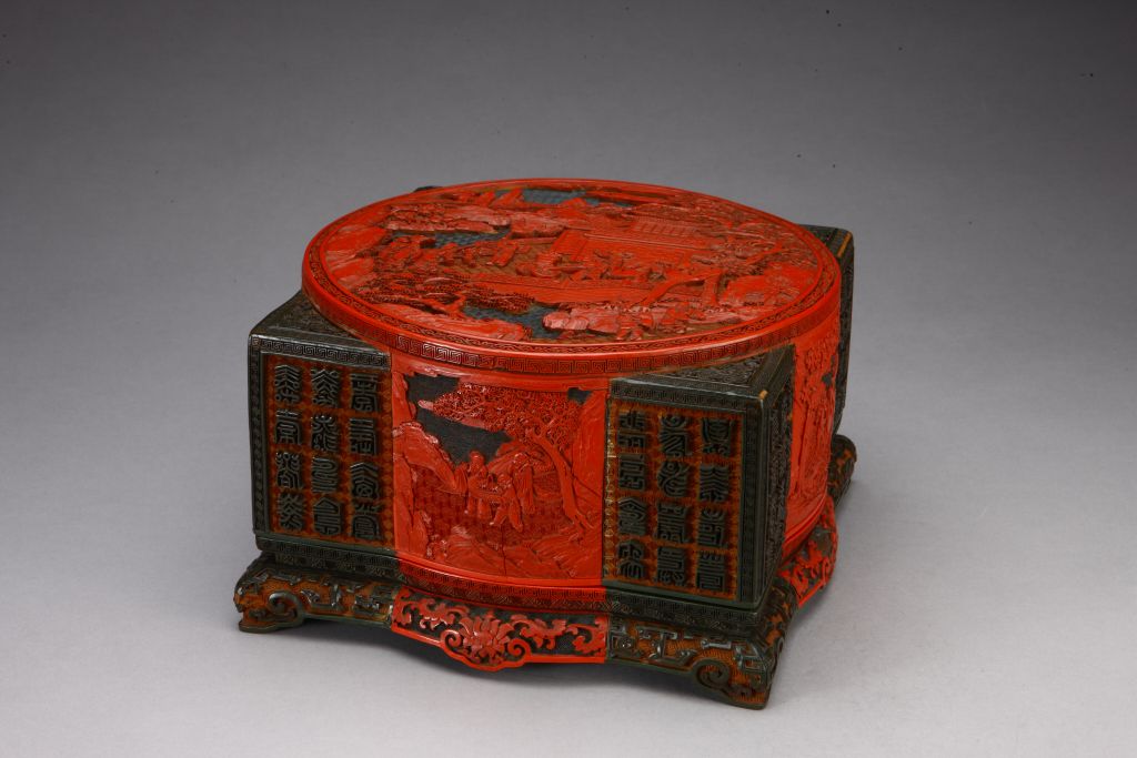 图片[2]-Cong-type box with painted landscape figures-China Archive